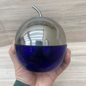 VTG MCM Apple Shaped Bowl Dish Cobalt Blue Glass Metal Lid Kitchen Decor